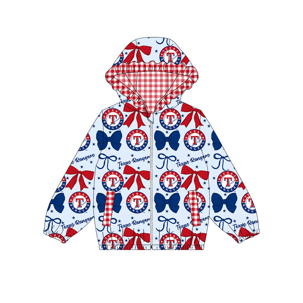 Preorder(moq 8)Baby Girls Blue Red Bows Texas Rangers Pockets Zipper Team Ruffle Hoodies Jackets