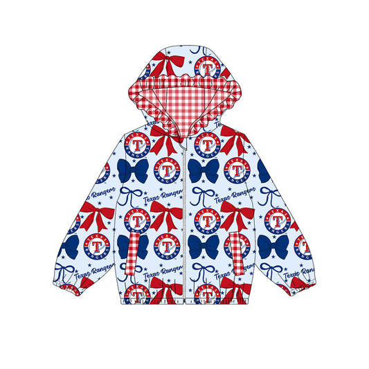 Preorder(moq 8)Baby Girls Blue Red Bows Texas Rangers Pockets Zipper Team Ruffle Hoodies Jackets