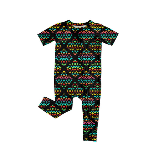 Preorder (moq 5)Baby Boys Short Sleeve Colorful Aztec Western Two Way Zip Convertible Rompers