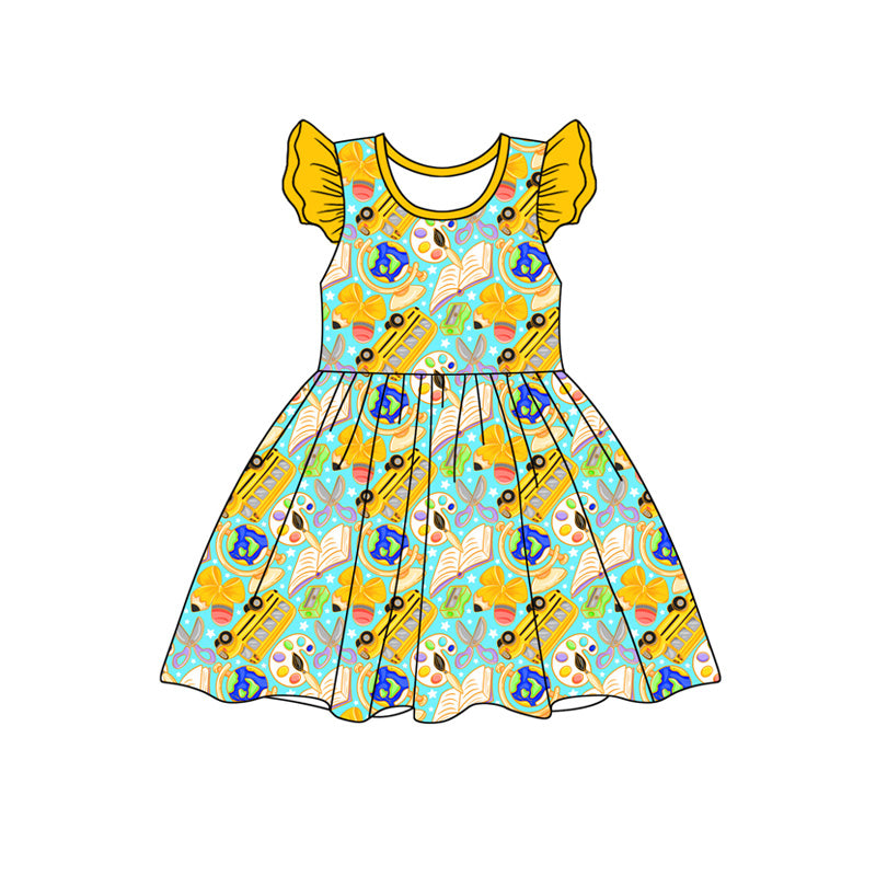 Preorder moq 5 Baby Girls Bus Pencils Back to School Knee Length Dresses