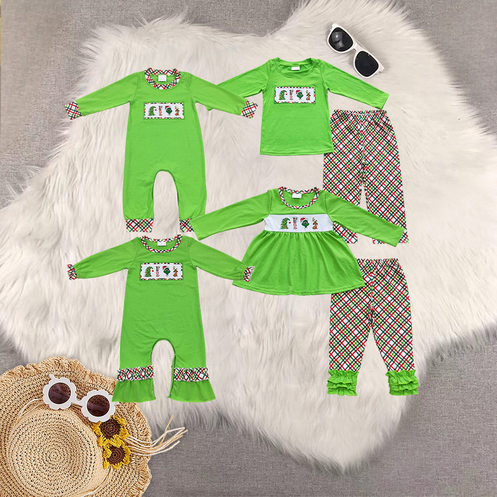 Sibling Baby Boys Girls Embroidery Green Faces Pants Christmas Clothes Sets Footie Rompers