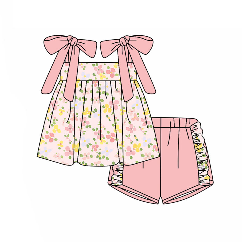 Preorder(moq 5) Baby Girls Strap Pink Yellow Flowers Tunic Ruffle Shorts Clothes Sets