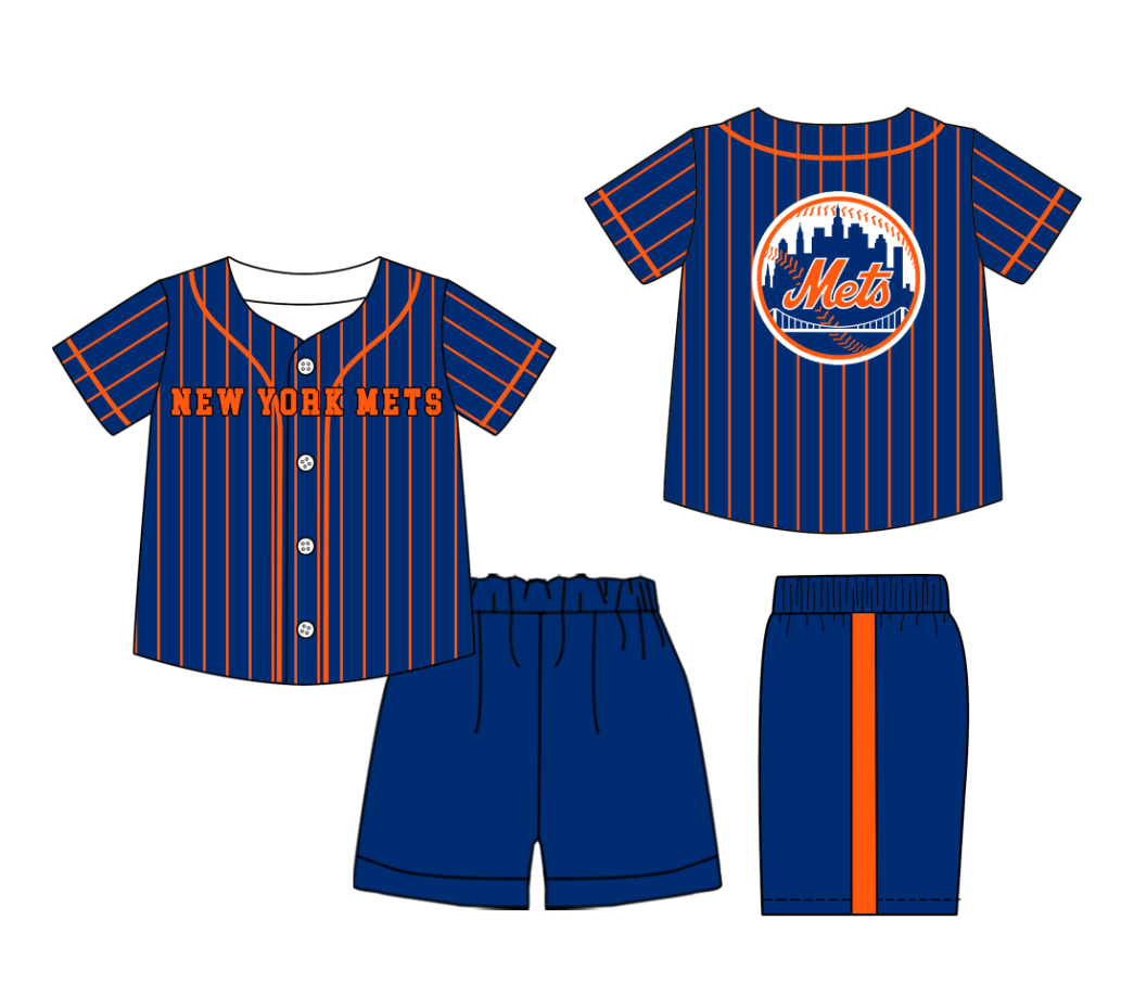 Preorder (moq 5)Baby Boys Orange Stripe New York Mets Button Top Shorts Team Clothes Sets