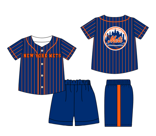 Preorder (moq 5)Baby Boys Orange Stripe New York Mets Button Top Shorts Team Clothes Sets