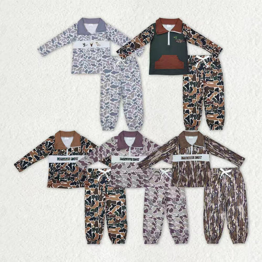 Sibling Baby Boys Camo Embroidery Mama's Boy Ducks Dogs Zipper Pullover Pockets Jogger Hunting Clothes Set