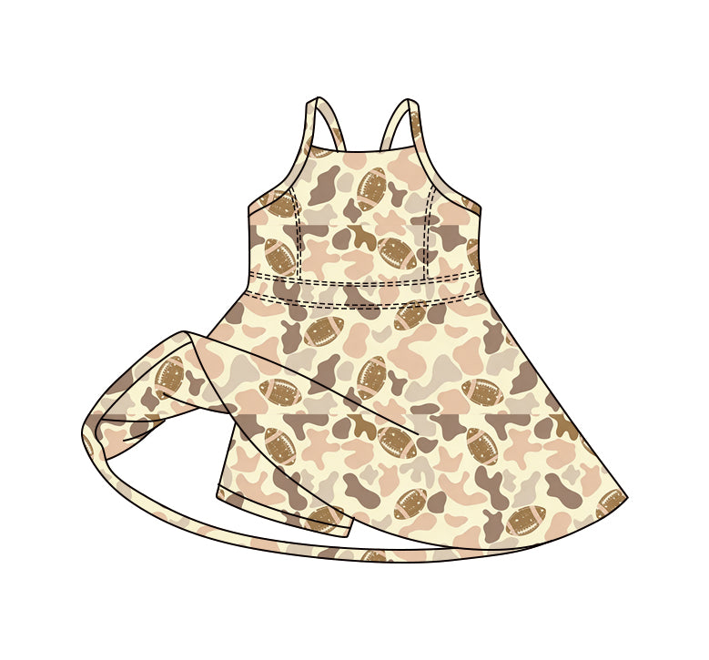 Preorder (moq 5)Baby Girls Strap Southern Camo Footballs Team Shorts Knee Length Dress