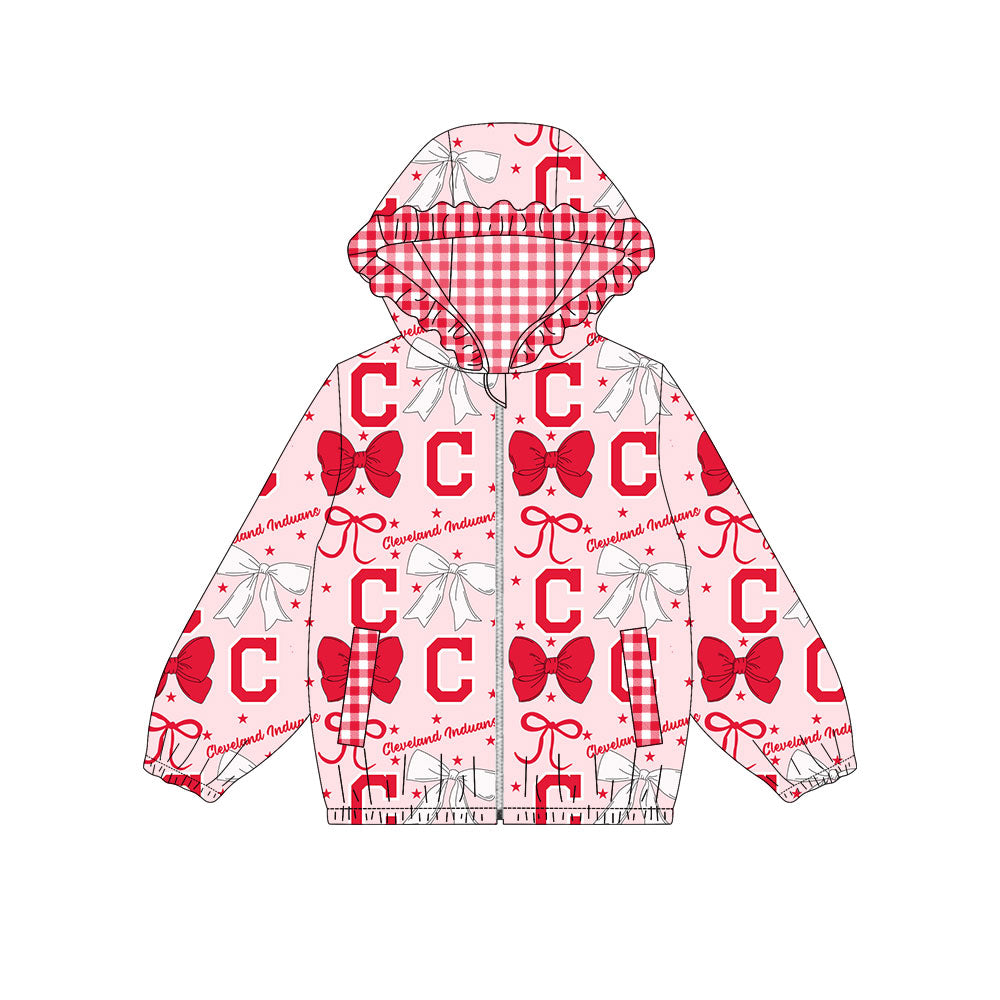 Preorder(moq 8)Baby Girls Red Bows Cleveland Indians Pockets Zipper Team Ruffle Hoodies Jackets