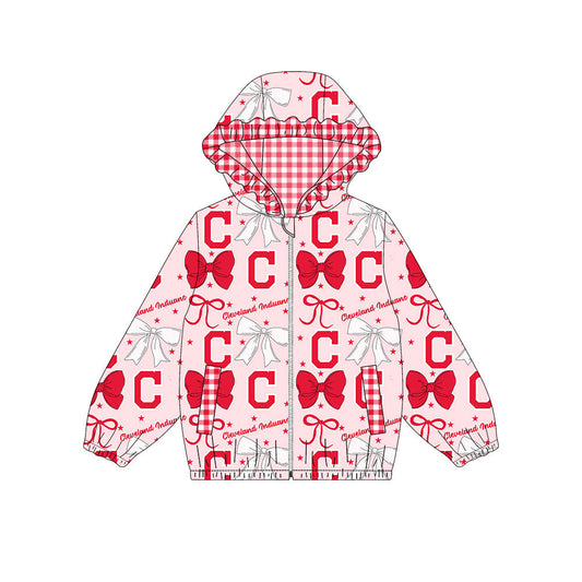 Preorder(moq 8)Baby Girls Red Bows Cleveland Indians Pockets Zipper Team Ruffle Hoodies Jackets