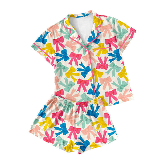 Preorder moq 5 Adult Women Colorful Bows Button Pockets Top Shorts Pajamas Sets