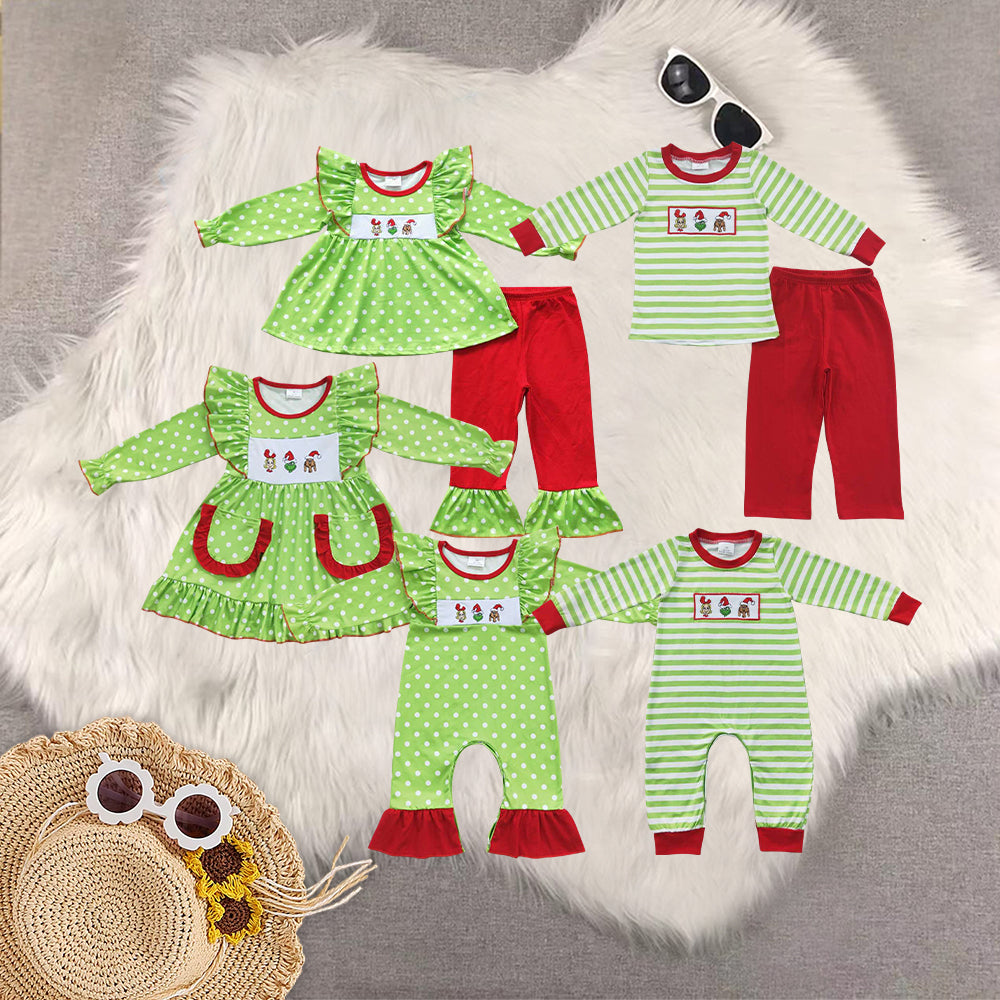 Sibling Baby Boys Girls Embroidery Green Faces Pants Christmas Clothes Sets Footie Rompers