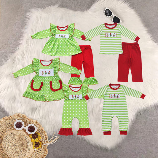 Sibling Baby Boys Girls Embroidery Green Faces Pants Christmas Clothes Sets Footie Rompers