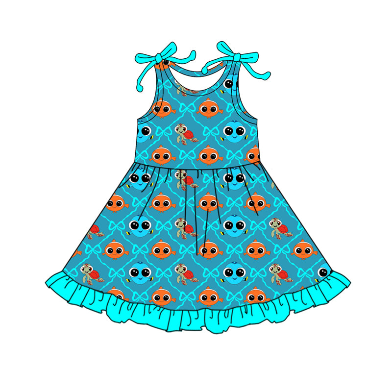 Preorder (moq 5)Baby Girls Cartoon Fishes Checked Ruffle Knee Length Dresses