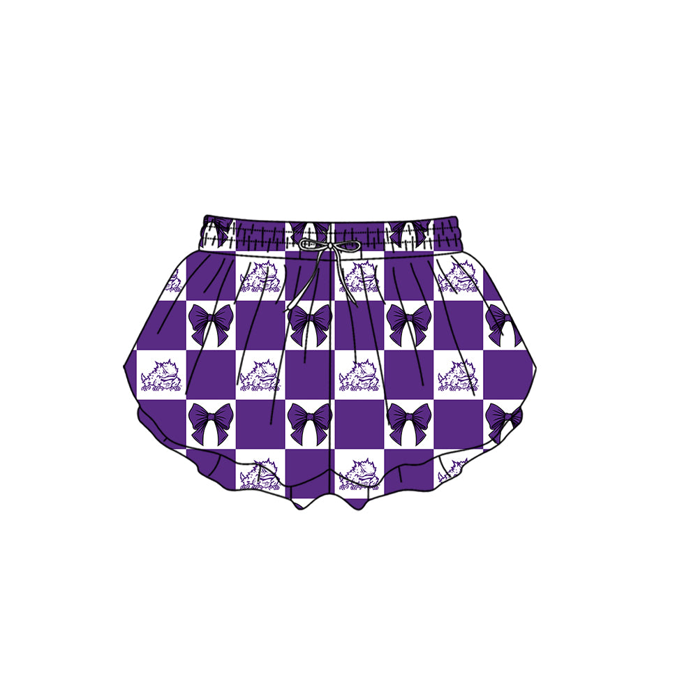 Preorder (moq 5)Baby Girls Purple TCU Bows Checked Team Ruffle Shorts Bottom