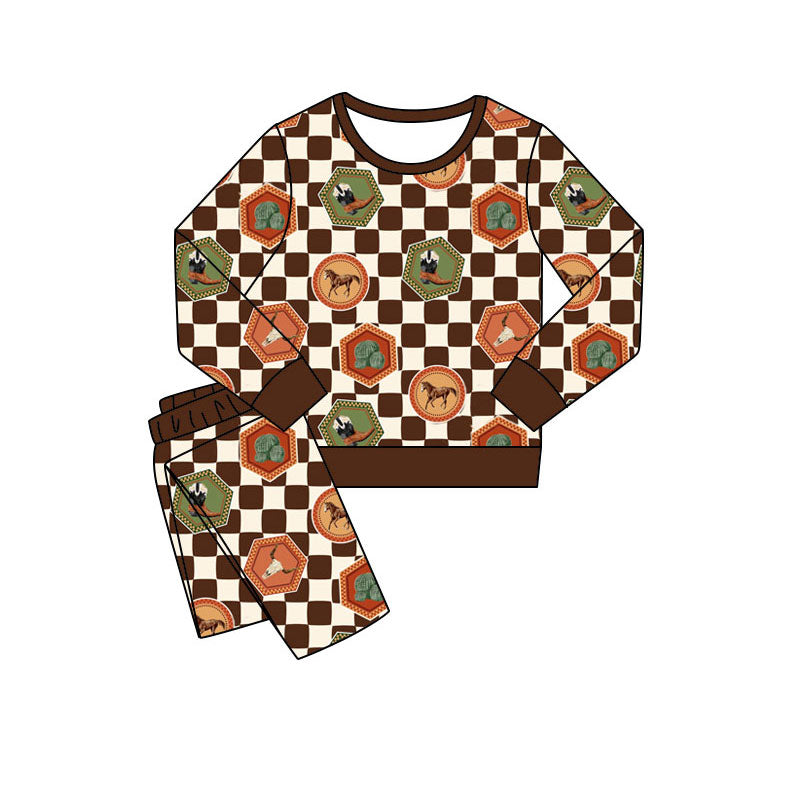 Preorder(moq 5) Baby Boys Boots Horses Checked Pants Western Pajamas Sets