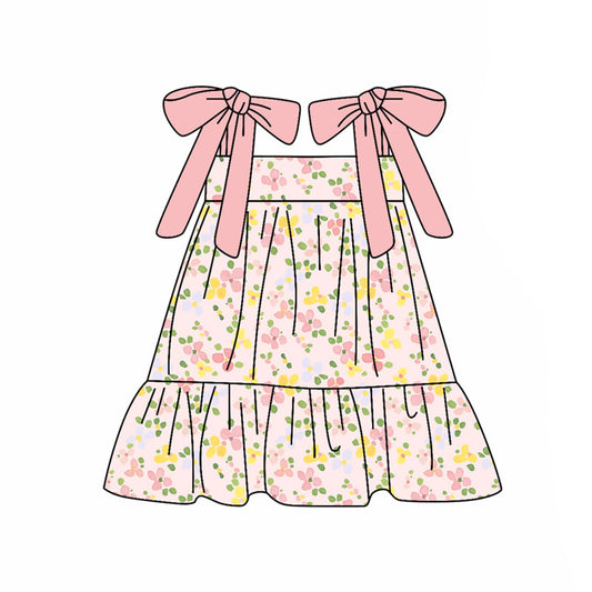 Preorder(moq 5) Baby Girls Strap Pink Yellow Flowers Ruffle Knee Length Dresses