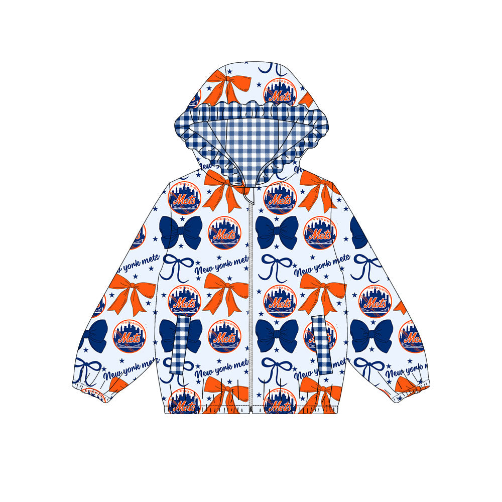 Preorder(moq 8)Baby Girls Blue Orange Bows Mets Pockets Zipper Team Ruffle Hoodies Jackets