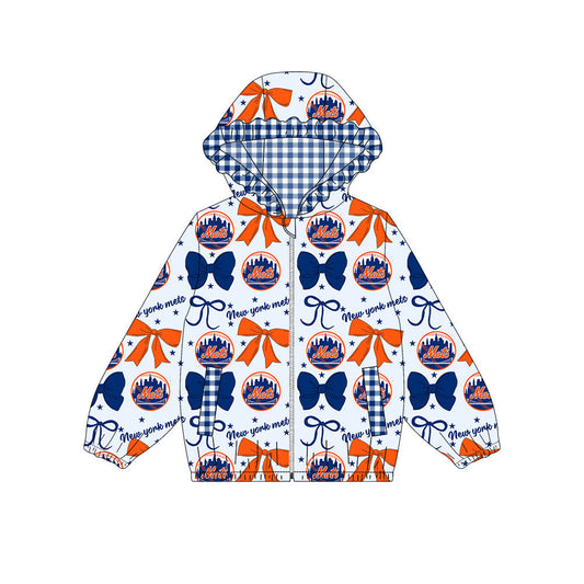 Preorder(moq 8)Baby Girls Blue Orange Bows Mets Pockets Zipper Team Ruffle Hoodies Jackets