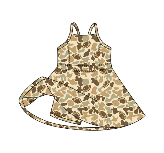 Preorder (moq 5)Baby Girls Strap Southern Camo Footballs Team Shorts Knee Length Dress