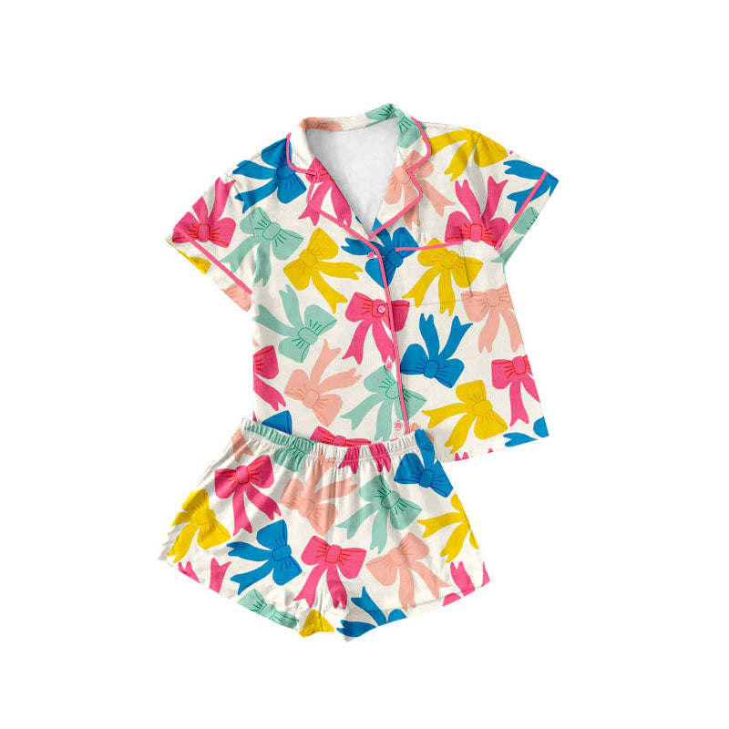 Preorder(moq 5) Baby Girls Colorful Bows Button Pockets Top Shorts Pajamas Sets