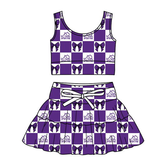 Preorder (moq 5)Baby Girls Purple TCU Bows Checked Vest Top Skirt Short Team Clothes Sets
