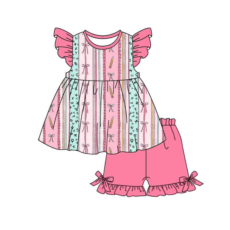 Preorder(moq 5) Baby Girls Pencil Bows Stripe Tunic Ruffle Shorts Back to School Clothes Set