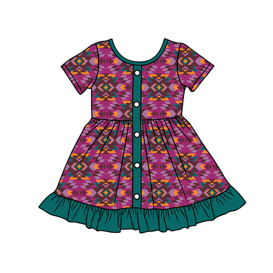 Preorder (moq 5)Baby Girls Western Hot Pink Aztec Button Ruffle Knee Length Dresses