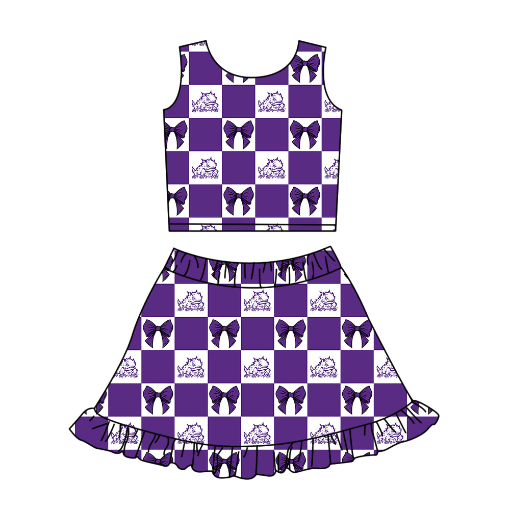 Preorder (moq 5)Baby Girls Purple TCU Bows Checked Vest Ruffle Skirt Short Team Clothes Sets