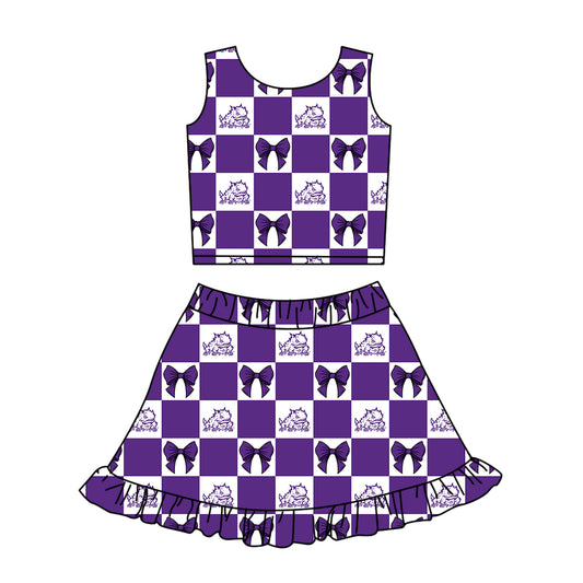 Preorder (moq 5)Baby Girls Purple TCU Bows Checked Vest Ruffle Skirt Short Team Clothes Sets