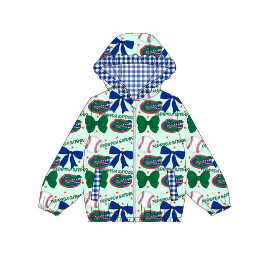 Preorder(moq 8)Baby Girls Blue Green Bows Crocodiles Pockets Zipper Team Ruffle Hoodies Jackets