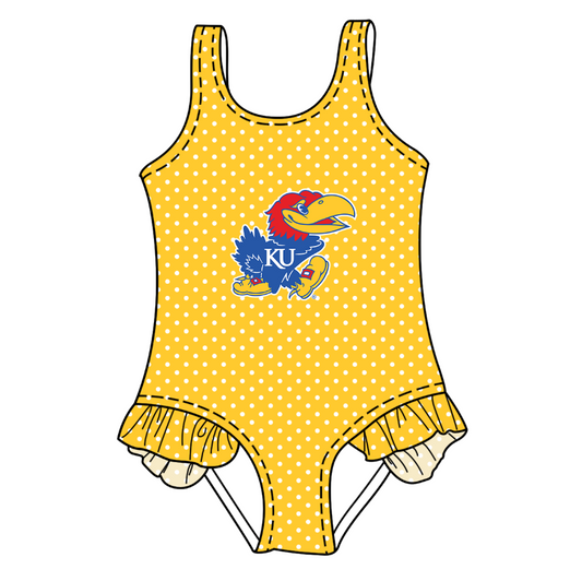 Preorder moq 5 Baby Girls Sleeveless Yellow Polka Dots KU Team Swimsuits