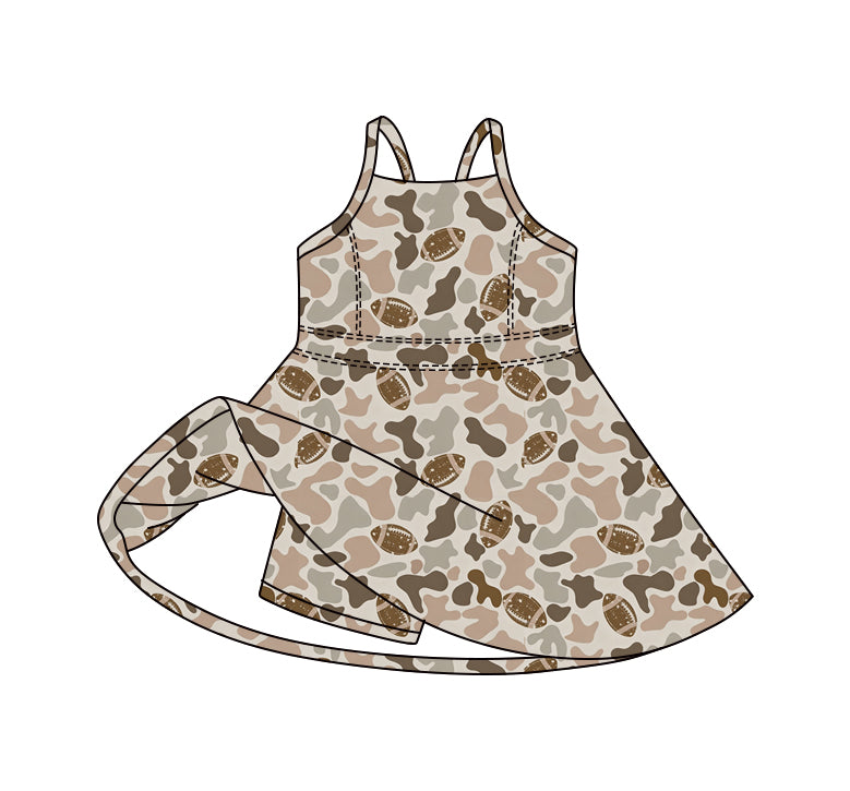 Preorder (moq 5)Baby Girls Strap Southern Camo Footballs Team Shorts Knee Length Dress