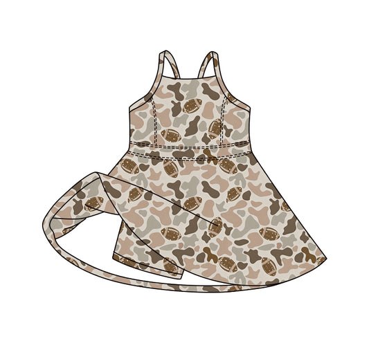 Preorder (moq 5)Baby Girls Strap Southern Camo Footballs Team Shorts Knee Length Dress