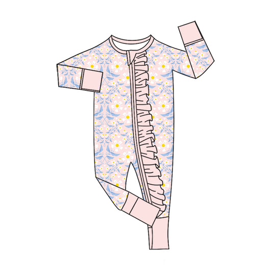 Preorder (moq 5)Baby Girls Colorful Flowers Two Way Ruffle Zip Convertible Rompers