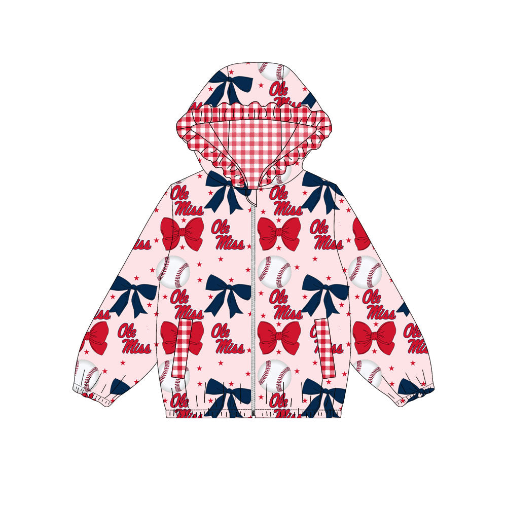 Preorder(moq 8)Baby Girls Red Navy Bows Ole Miss Pockets Zipper Team Ruffle Hoodies Jackets