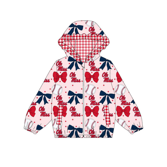 Preorder(moq 8)Baby Girls Red Navy Bows Ole Miss Pockets Zipper Team Ruffle Hoodies Jackets