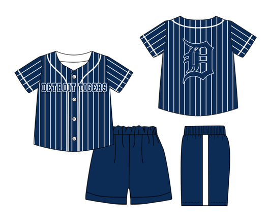 Preorder (moq 5)Baby Boys Navy Stripe Detroit Tigers Button Top Shorts Team Clothes Sets