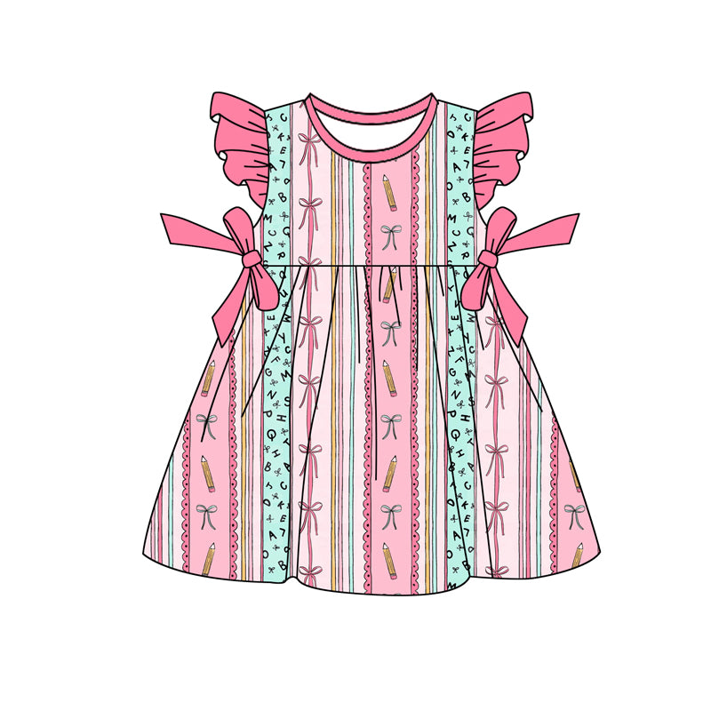 Preorder(moq 5) Baby Girls Pencil Bows Stripe Back to School Knee Length Dresses