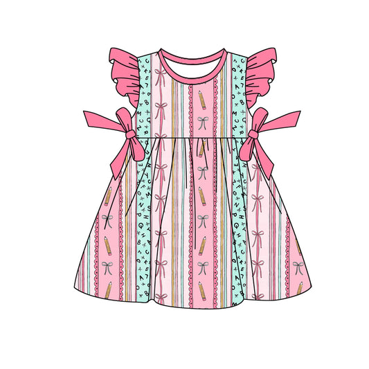 Preorder(moq 5) Baby Girls Pencil Bows Stripe Back to School Knee Length Dresses