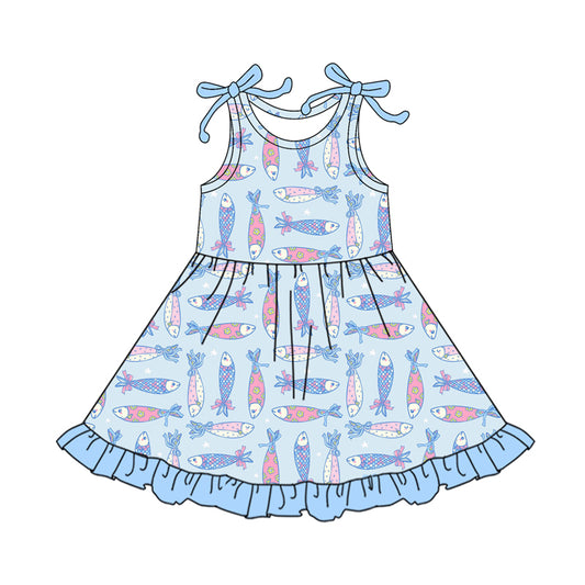 Preorder (moq 5)Baby Girls Colorful Flowers Fishes Ruffle Knee Length Dresses