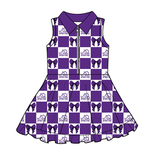 Preorder (moq 5)Baby Girls Purple TCU Bows Checked Zipper Short Team Knee Length Dresses