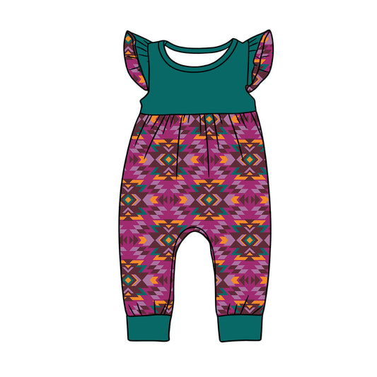 preorder(moq 5) Baby Girls Flutter Sleeve Western Hot Pink Aztec Rompers
