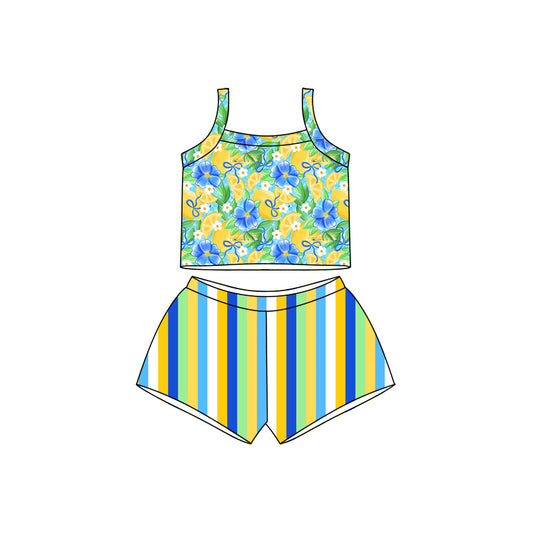 Preorder moq 5 Baby Girls Strap Bows Lemons Top Stripe Short Clothes Sets