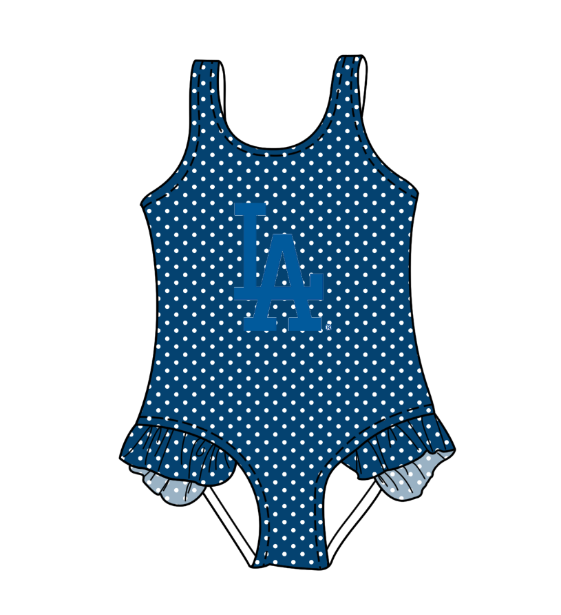 Preorder moq 5 Baby Girls Sleeveless Navy Polka Dots LA Team Swimsuits