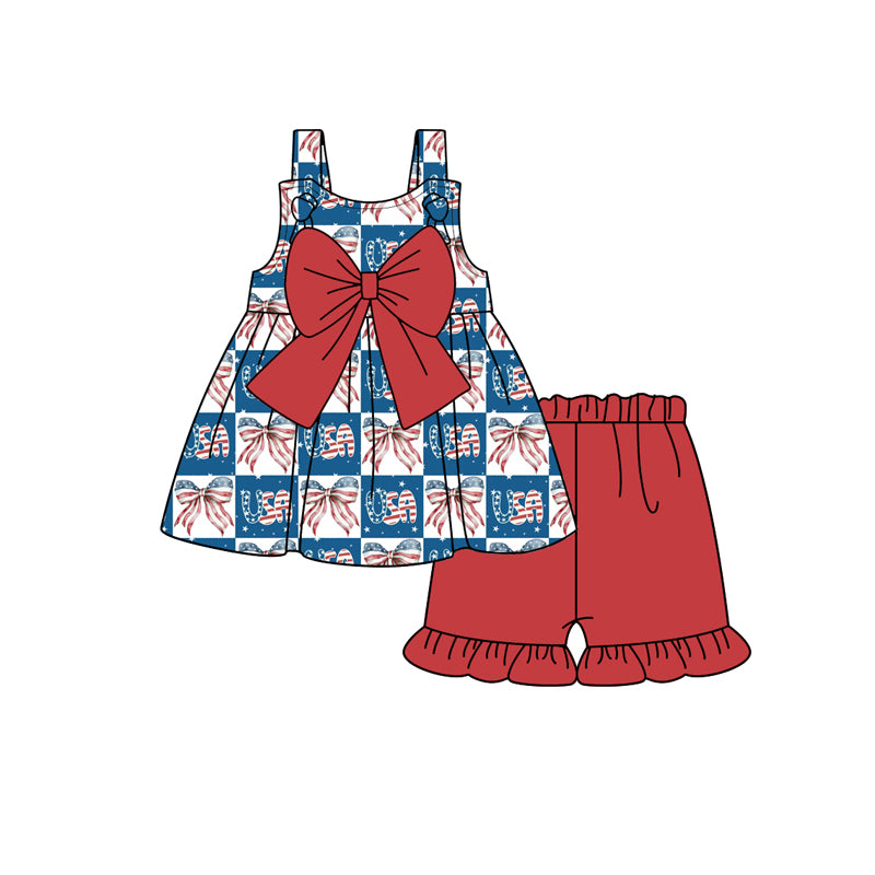 Preorder moq 5 Baby Girls Strap Blue Red USA Bows Tunic Ruffle Short 4th Of July Set