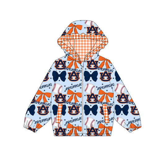 Preorder(moq 8)Baby Girls Orange Navy Bows AU Arkansas Pockets Zipper Team Ruffle Hoodies Jackets