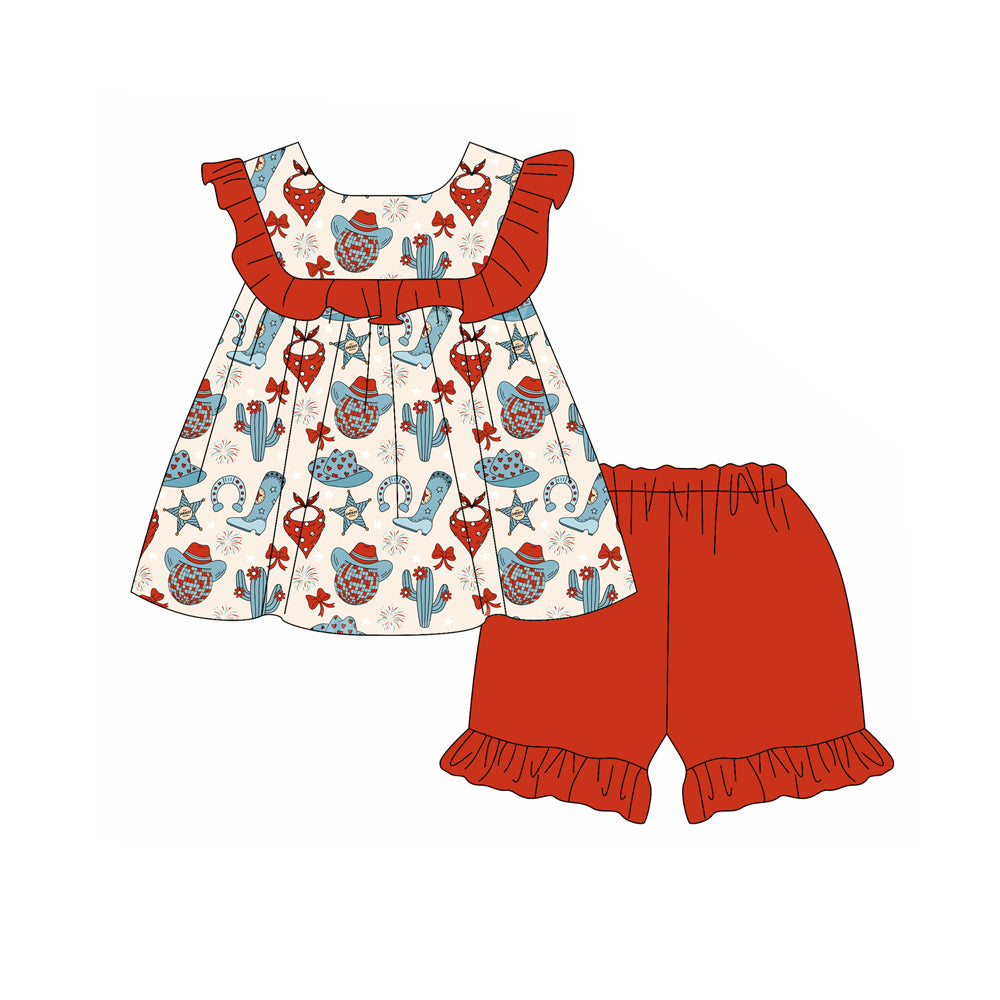 Preorder (moq 5)Baby Girls 4th Of July Western Boots Tunic Ruffle Shorts Clothes Sets