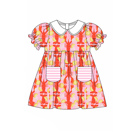 Preorder (moq 5)Baby Girls Crayfishes Shells Collar Pockets Knee Length Dresses
