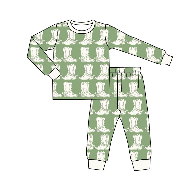 Preorder(moq 5) Baby Boys Green Boots Plaid Pants Western Pajamas Sets