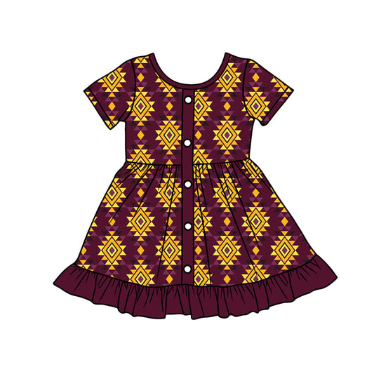 Preorder (moq 5)Baby Girls Western Red Yellow Aztec Button Ruffle Knee Length Dresses