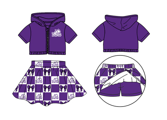 Preorder (moq 5)Baby Girls Purple TCU Bows Zip Hoodie Jackets Skirt Short Team Clothes Sets